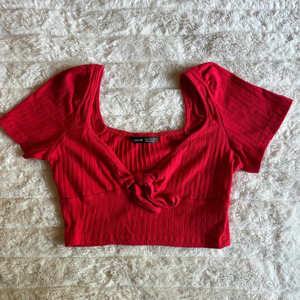 red cropped blouse